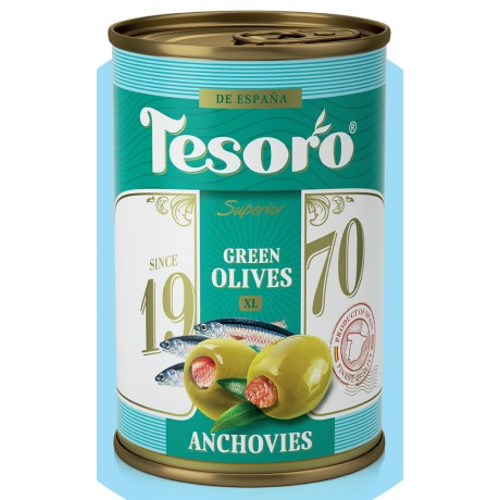 Оливки зеленые, фаршированные анчоусом Tesoro, 314 мл